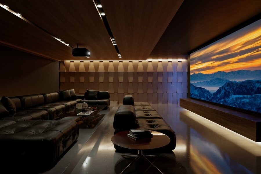 A professional home theater design and setup with a large display and extensive seating.