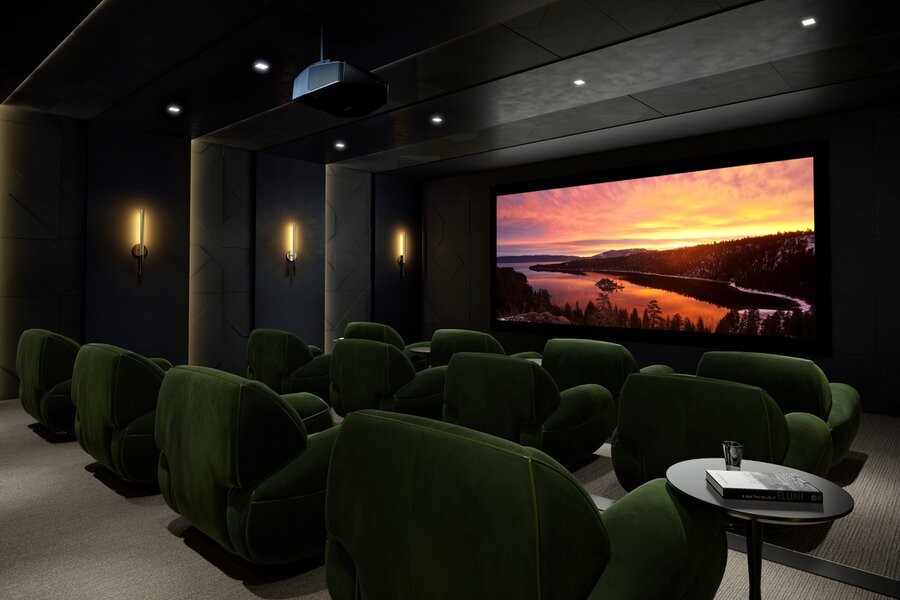 A luxurious cinema featuring a high-end home theater system and setup.